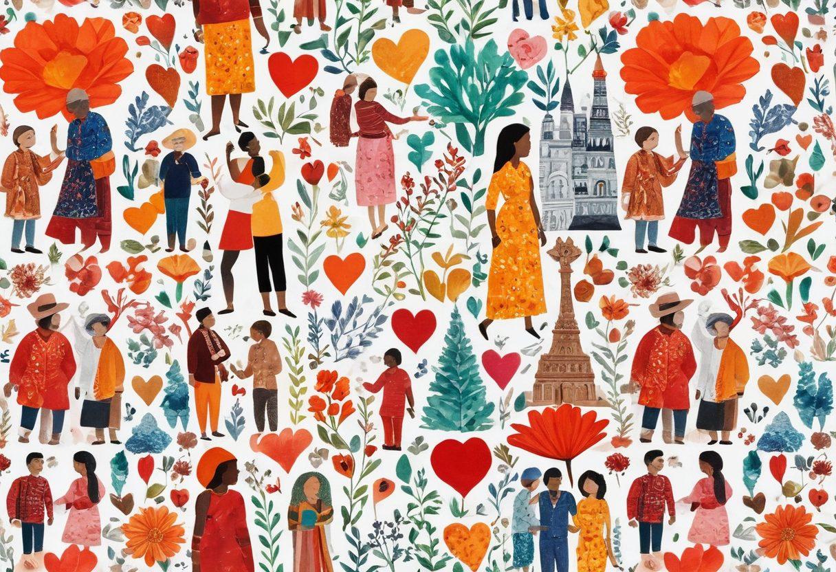 A vibrant collage depicting diverse couples from different cultures and backgrounds, showcasing moments of friendship, passion, and devotion. Include elements like hand-holding, laughter, and shared adventures across iconic global landmarks, surrounded by symbols of love like hearts and flowers. The color palette should be warm and inviting, suggesting a journey through love's various stages. super-realistic. vibrant colors. white background.