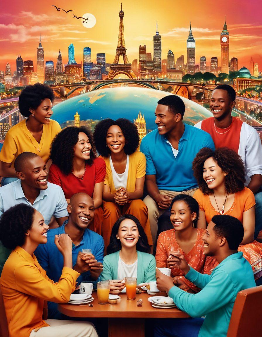 A diverse group of people from different cultures sitting together, sharing stories and laughter, surrounded by a backdrop of iconic landmarks from around the world symbolizing friendship and love. Soft, warm lighting to enhance the inviting atmosphere, with interconnected hearts and global symbols floating around them, representing unity in diversity. super-realistic. vibrant colors. warm tones.