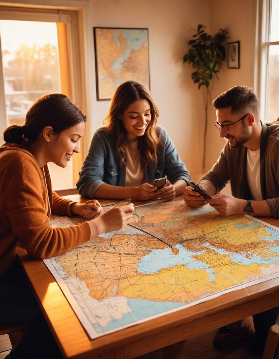 A warm, inviting scene depicting a diverse group of friends gathered around a table filled with maps and smartphones, symbolizing their efforts to connect despite distance. In the background, a world map is adorned with string lines and pins representing their journeys together. The atmosphere is cozy and encouraging, filled with laughter and genuine connections. The warm colors of sunset illuminate the room, reflecting a sense of unity and togetherness. vibrant colors. super-realistic. warm light.